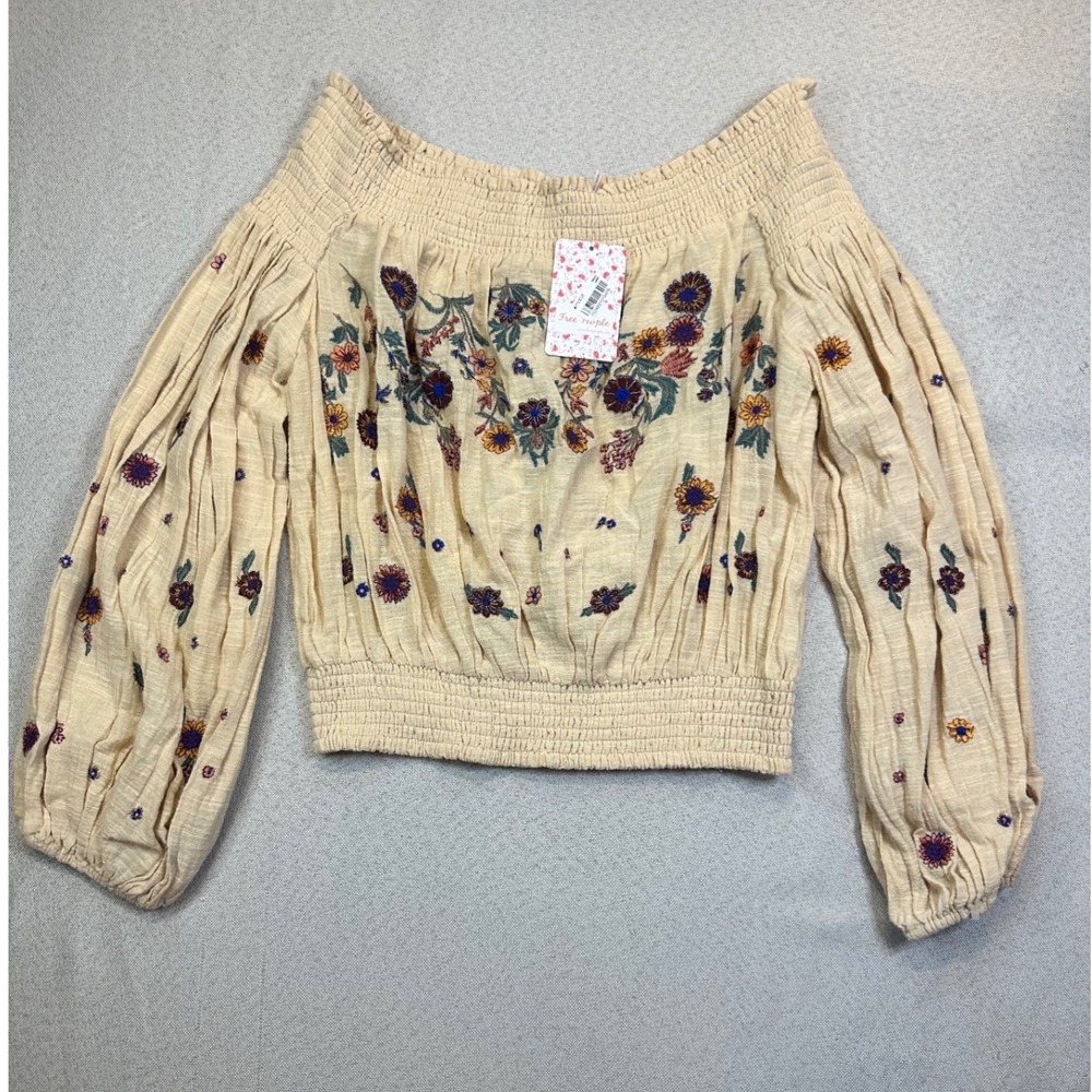 Free People Embroidered Top Womens S Neutral Cotton Boho Off Shoulder OB800769